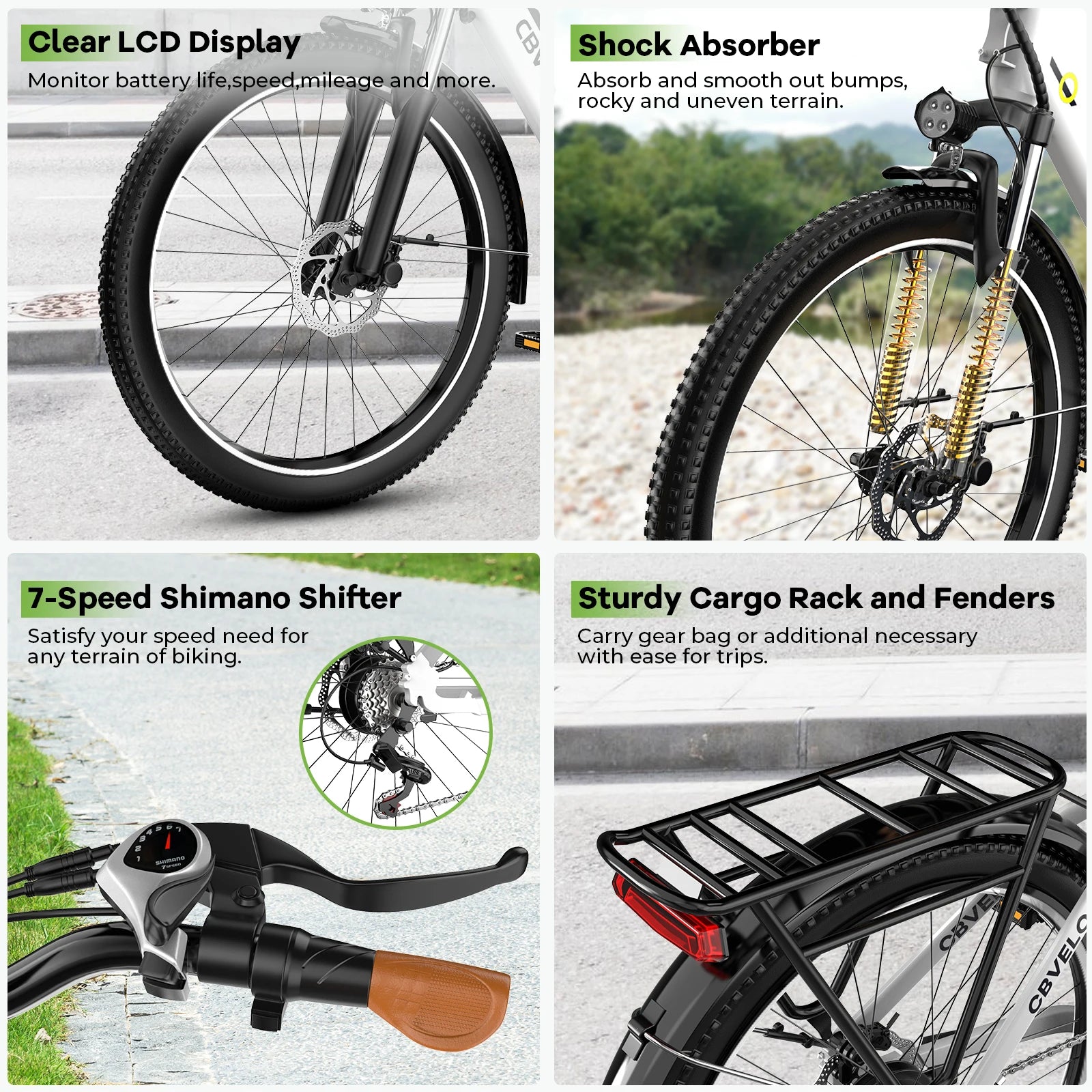 Cybervelo Urban Commute E-Bike, 48V 1000W Peak Motor Detachable Battery 7-Speed Shift Electric Bike 26" Step-Thru Adults EK2