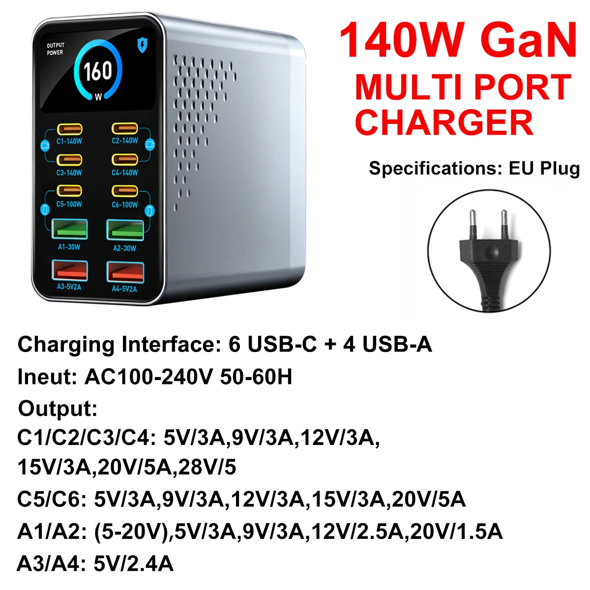 GaN Charger 10-IN-1 PD+QC Multi-port Charger USB Type C Digital Display Fast Charging Station For Phones And Tablet Fast Charger
