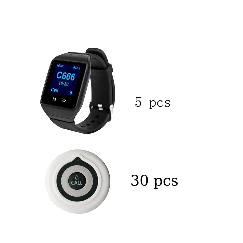QWICALL 30 Call Button Transmitter 5 Waiter Watch Pager Receiver Wireless Restaurant Hotel Bar Service Guest Calling System