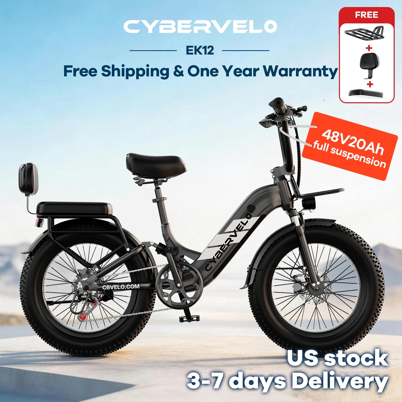 Cybervelo 1000W Peak Step-Thru Electric Bike for Adults 20" Fat Tire 7-Speed Commuter E-Bike Up to 80 Miles Long Range 48V 20Ah Removable Battery EK12 EK8