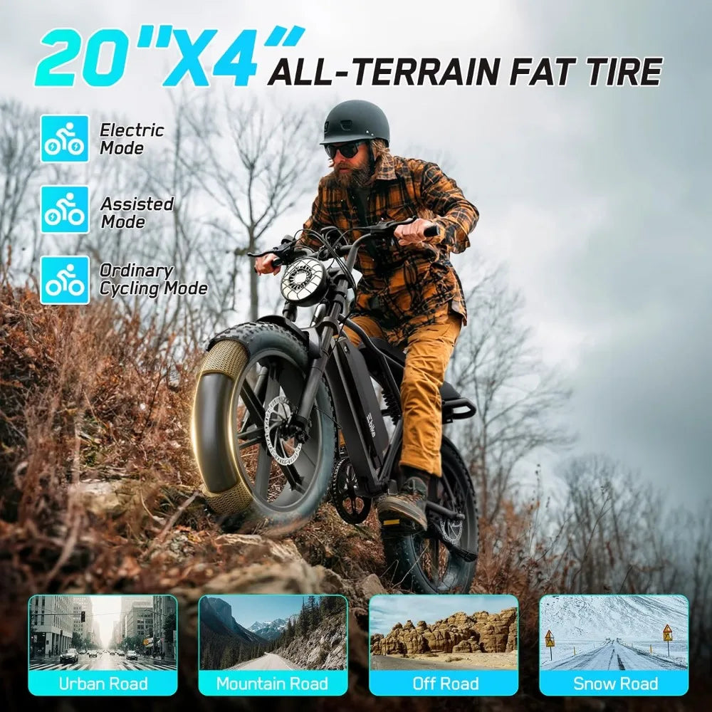 Full Suspension 20 Inch Fat Tire Electric Bike for Adults 1500W Peak Motor 60 Miles Range 48V 15Ah Removable Lithium Battery