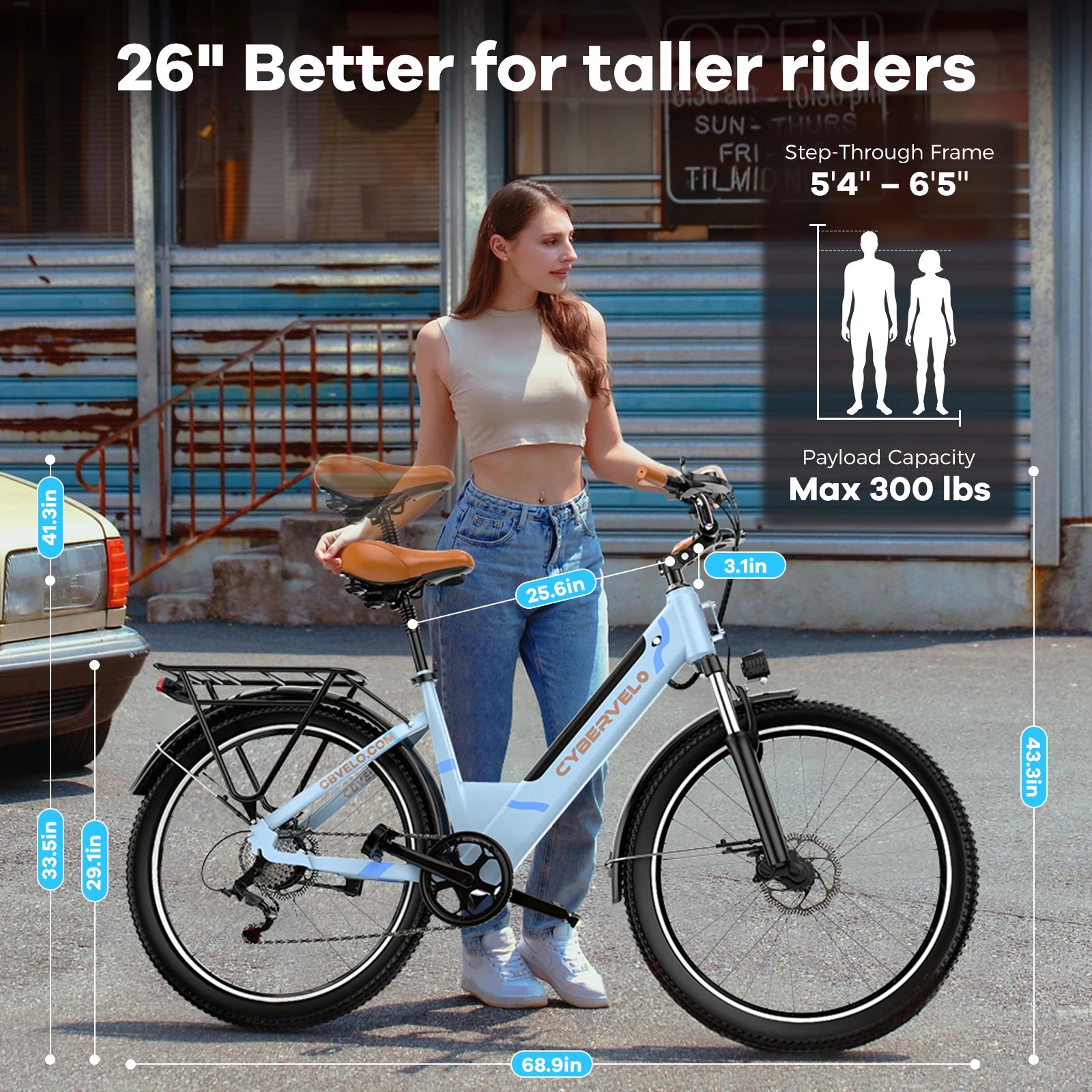 Cybervelo Urban Commute E-Bike, 48V 1000W Peak Motor Detachable Battery 7-Speed Shift Electric Bike 26" Step-Thru Adults EK2