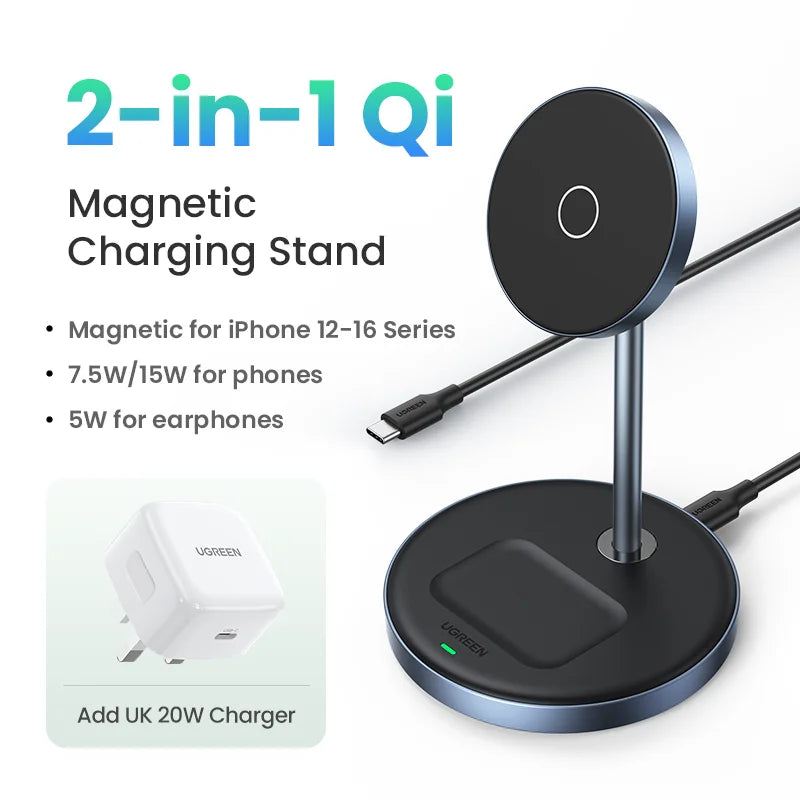 UGREEN Magnetic Wireless Charger Stand 7.5W 2-in-1 Charging Stand For iPhone 16 17 Pro Max/iPhone 14/AirPods Fast Charger