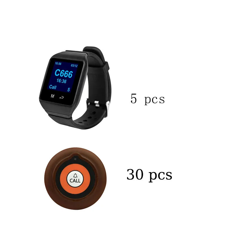 QWICALL 30 Call Button Transmitter 5 Waiter Watch Pager Receiver Wireless Restaurant Hotel Bar Service Guest Calling System