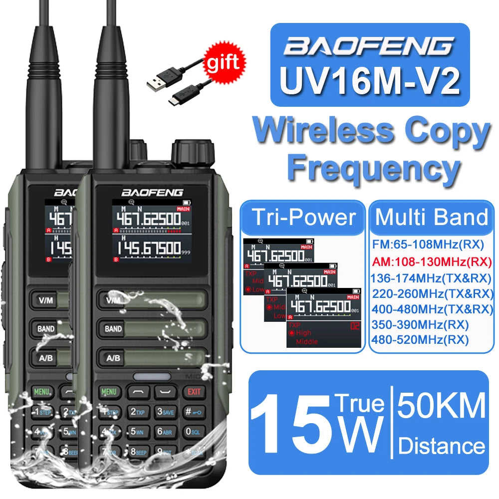 2Pack Baofeng 15W 50KM Waterproof Walkie Talkie 999CH AM FM 2-Way Radio Full Band LCD Screen Frequency Copy Noise Reduce UV16M