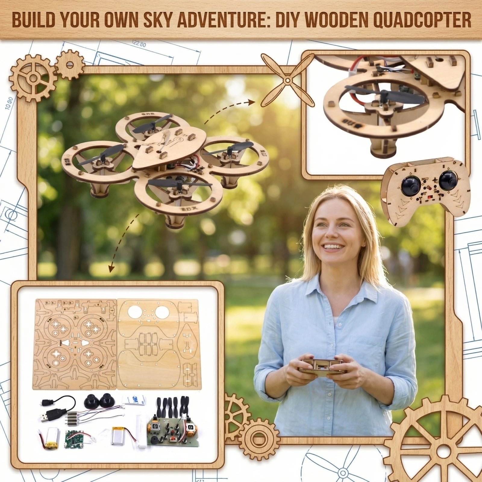 2026 Wooden Assembled DIY Quadcopter kit Drone Model School Science & Education Experiment Remote Control Aircraft Model Trainin