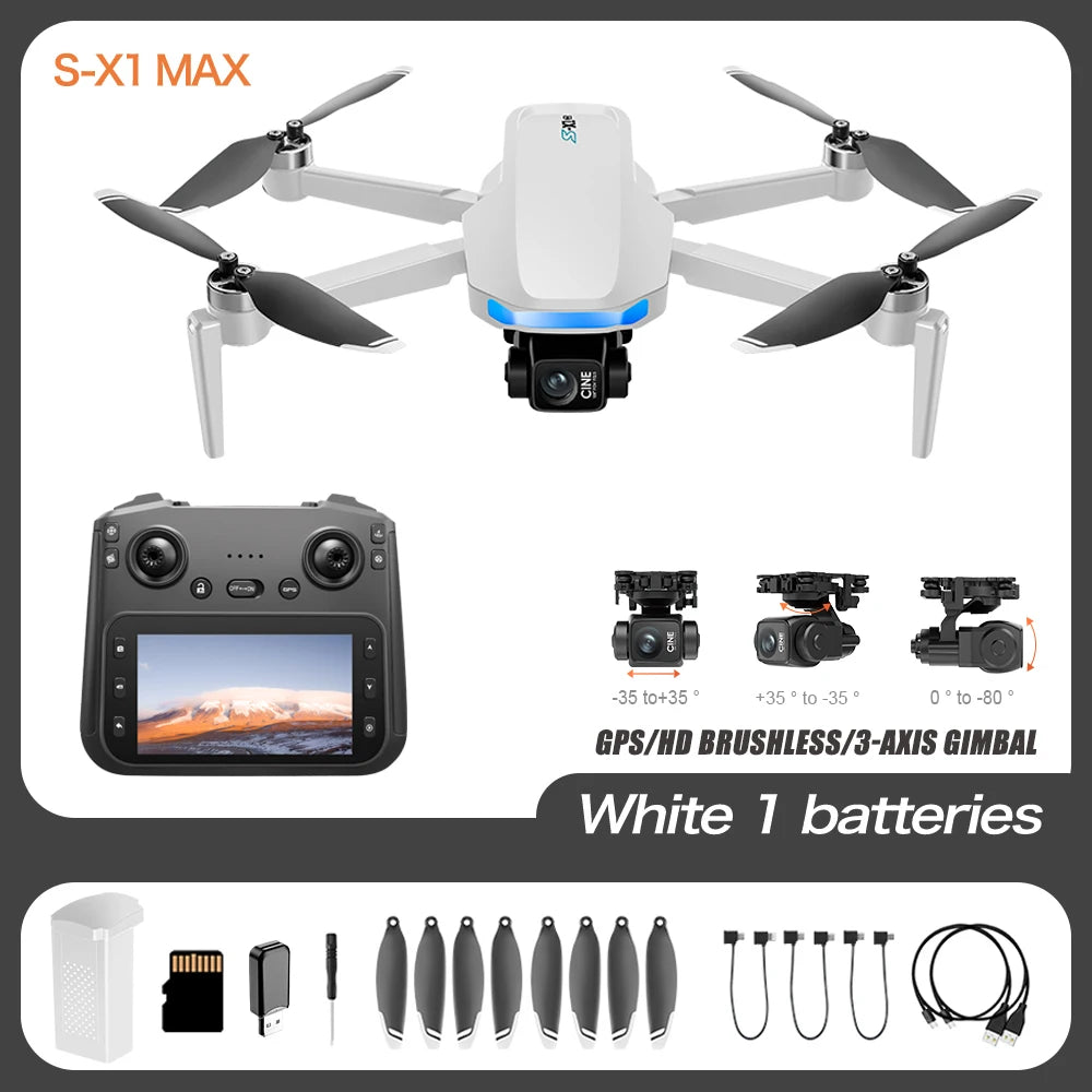 S-X1 MAX 4K Professional Drone With HD Camera 3-Axis Gimbal GPS Dron Brushless 5G WIFI Screen Remote Control RC Quadcopter Toys
