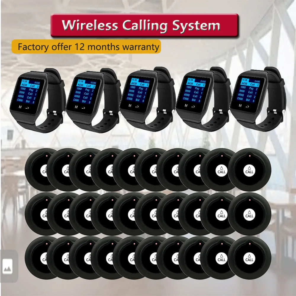 QWICALL 30 Call Button Transmitter 5 Waiter Watch Pager Receiver Wireless Restaurant Hotel Bar Service Guest Calling System