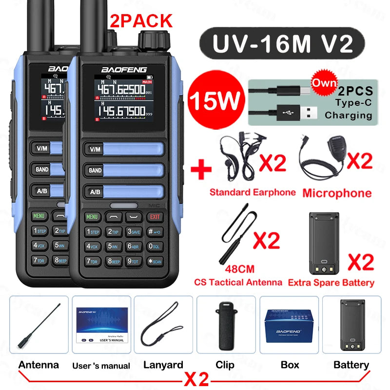 2Pack Baofeng 15W 50KM Waterproof Walkie Talkie 999CH AM FM 2-Way Radio Full Band LCD Screen Frequency Copy Noise Reduce UV16M