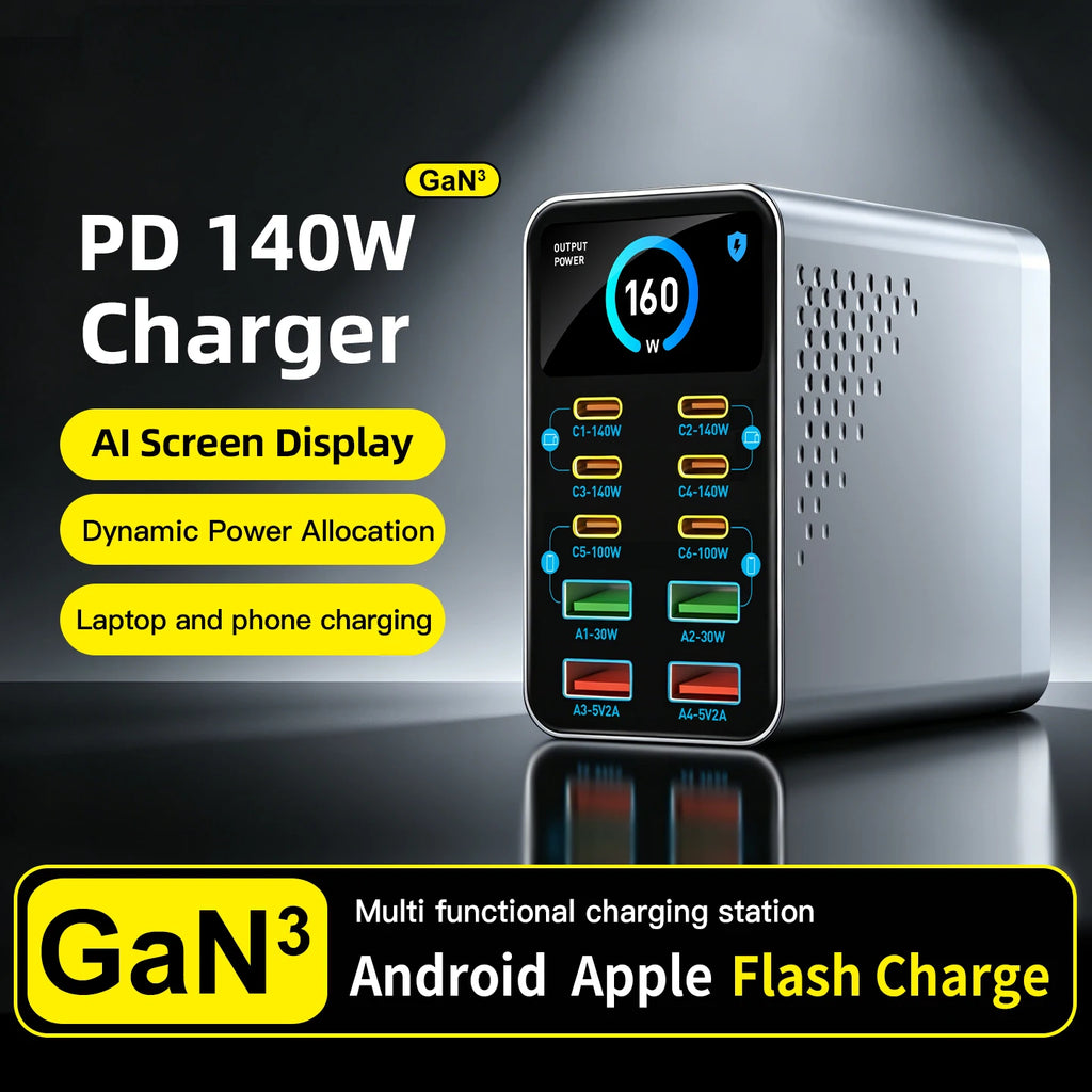 GaN Charger 10-IN-1 PD+QC Multi-port Charger USB Type C Digital Display Fast Charging Station For Phones And Tablet Fast Charger