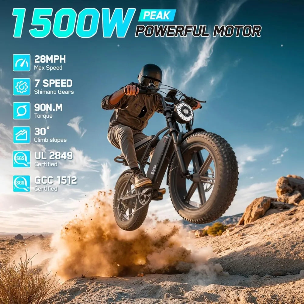 Full Suspension 20 Inch Fat Tire Electric Bike for Adults 1500W Peak Motor 60 Miles Range 48V 15Ah Removable Lithium Battery