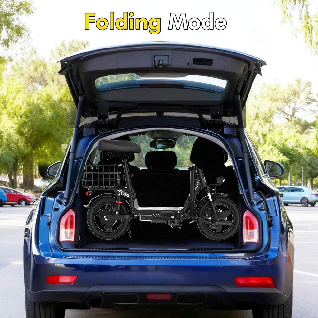 Bodywel T3 Folding Ebike - 48V 10Ah Electric Bike with Seat, 14 Inch Portable Escooter with rack & Rear Basket for Adults Urban