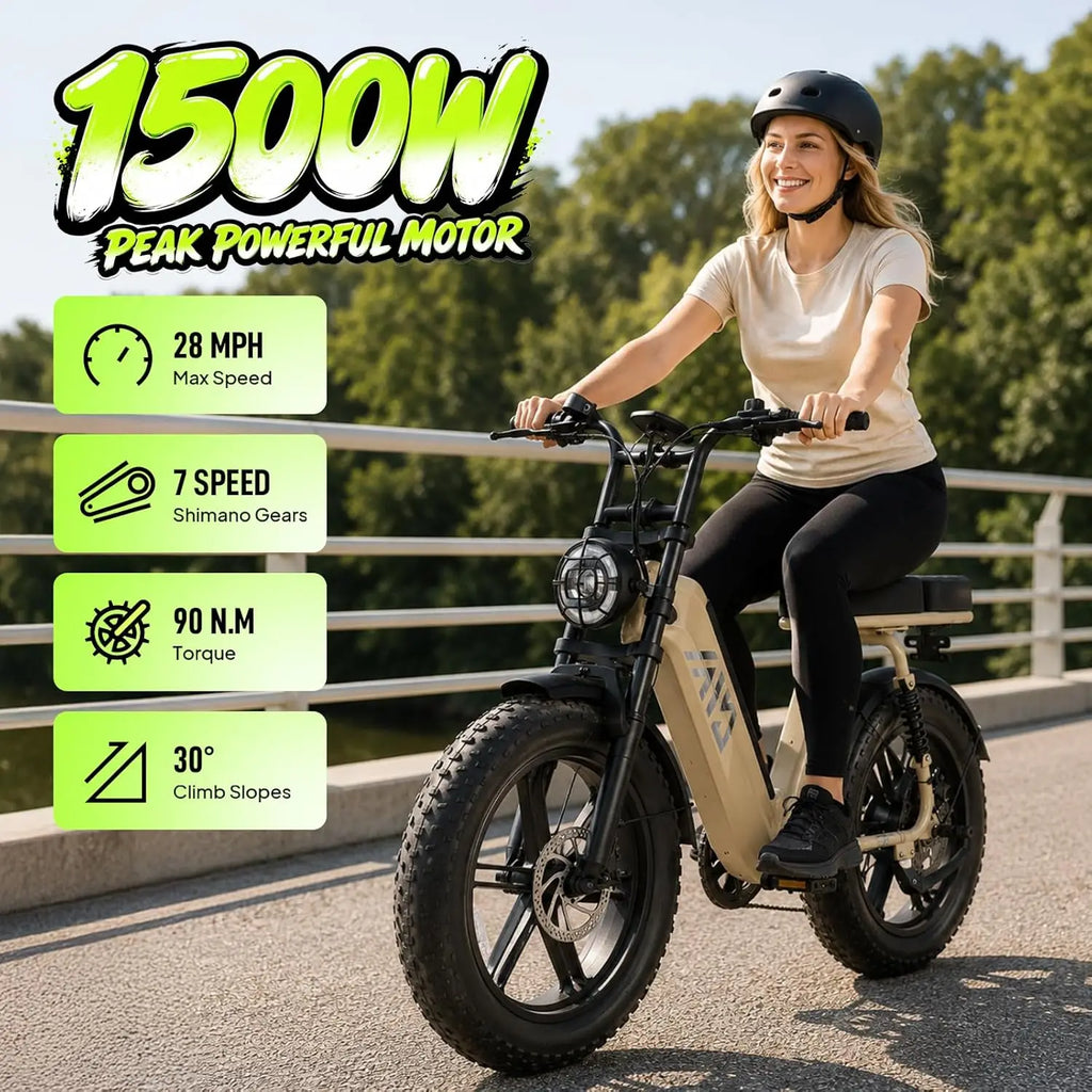 TST R00C 1500W Electric Bike, 48V 15Ah, 28 MPH, 50-60 Miles Range, 20" Fat Tires, Rear Seat