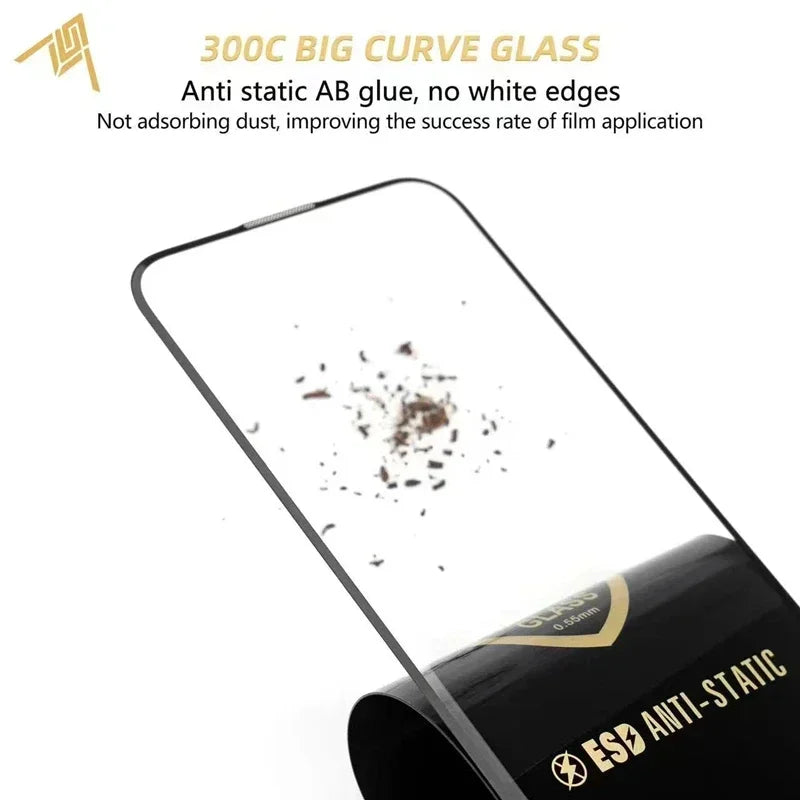 300CC Big Curve Tempered Glass For iPhone 15 14 13 16 17 Pro Max ESD Anti-Static Screen Protector For iPhone 11 12 PRO XR XS MAX