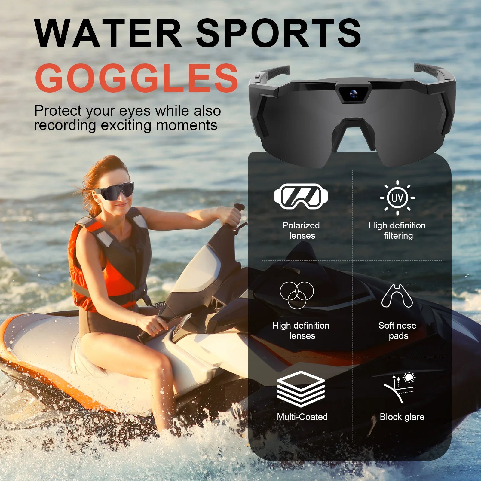Smart Camera Sport Sunglasses & Anti-Glare Lens HD 1080P POV Video Recorder for Cycling Skiing Lightweight Comfortable Goggles