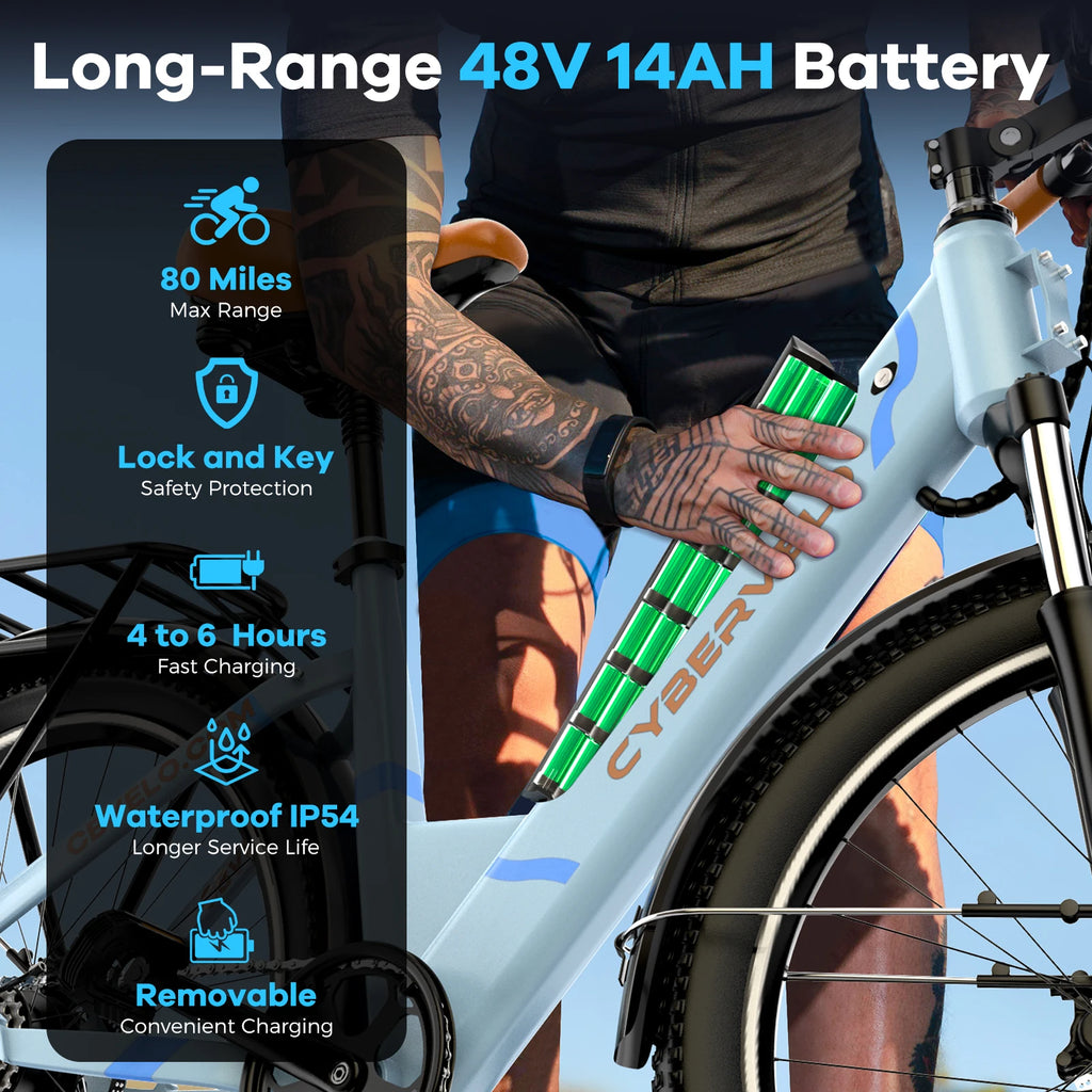 Cybervelo Urban Commute E-Bike, 48V 1000W Peak Motor Detachable Battery 7-Speed Shift Electric Bike 26" Step-Thru Adults EK2