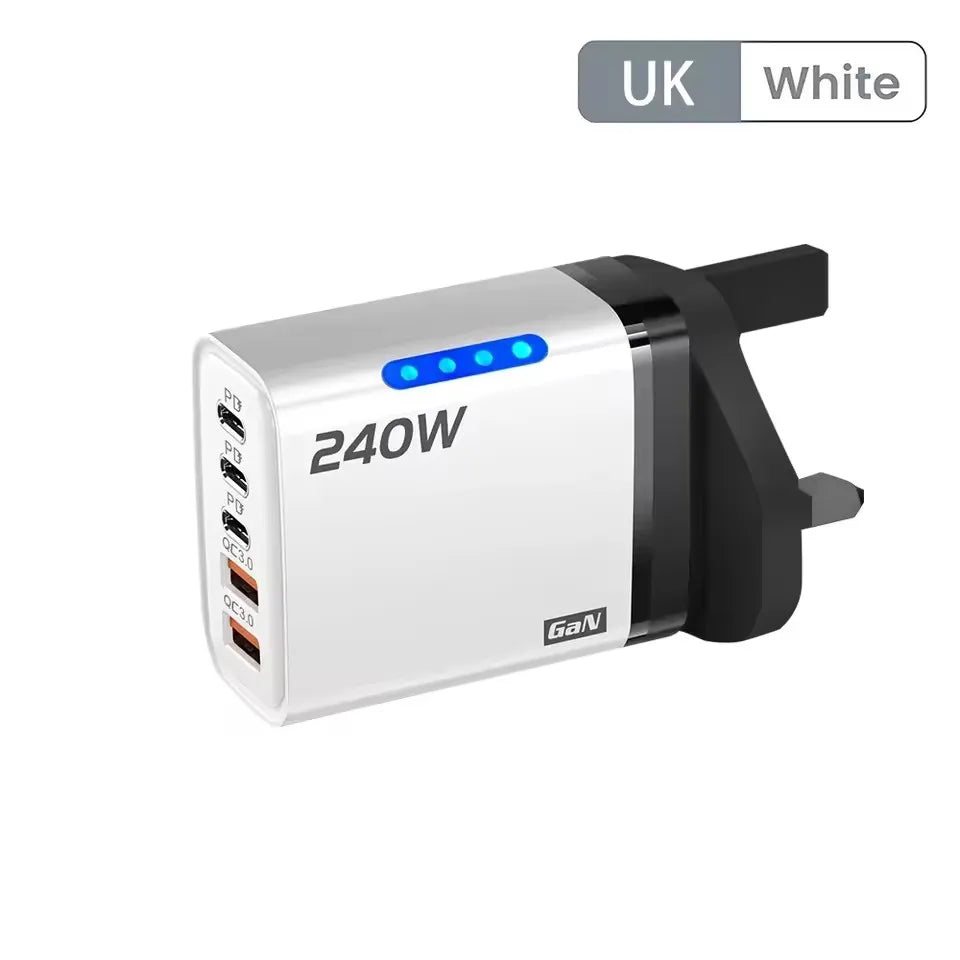 240w Gan Fast Charger With Led Light 5 In 1 2usb+3type-C Multi Port Phone Charger For Iphone15-17Series Samsung Huawei Xiaomi 15