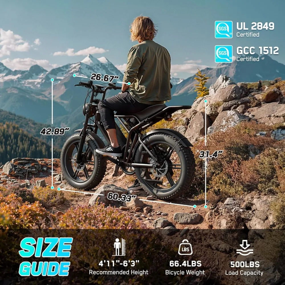 Full Suspension 20 Inch Fat Tire Electric Bike for Adults 1500W Peak Motor 60 Miles Range 48V 15Ah Removable Lithium Battery