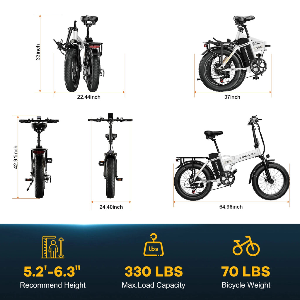 Cybervelo 1000W Peak Electric Bike for Adults Foldable 28+MPH 80Miles Removable Battery Fat Tire Off-road E-bike EK4 EK5 Mars700