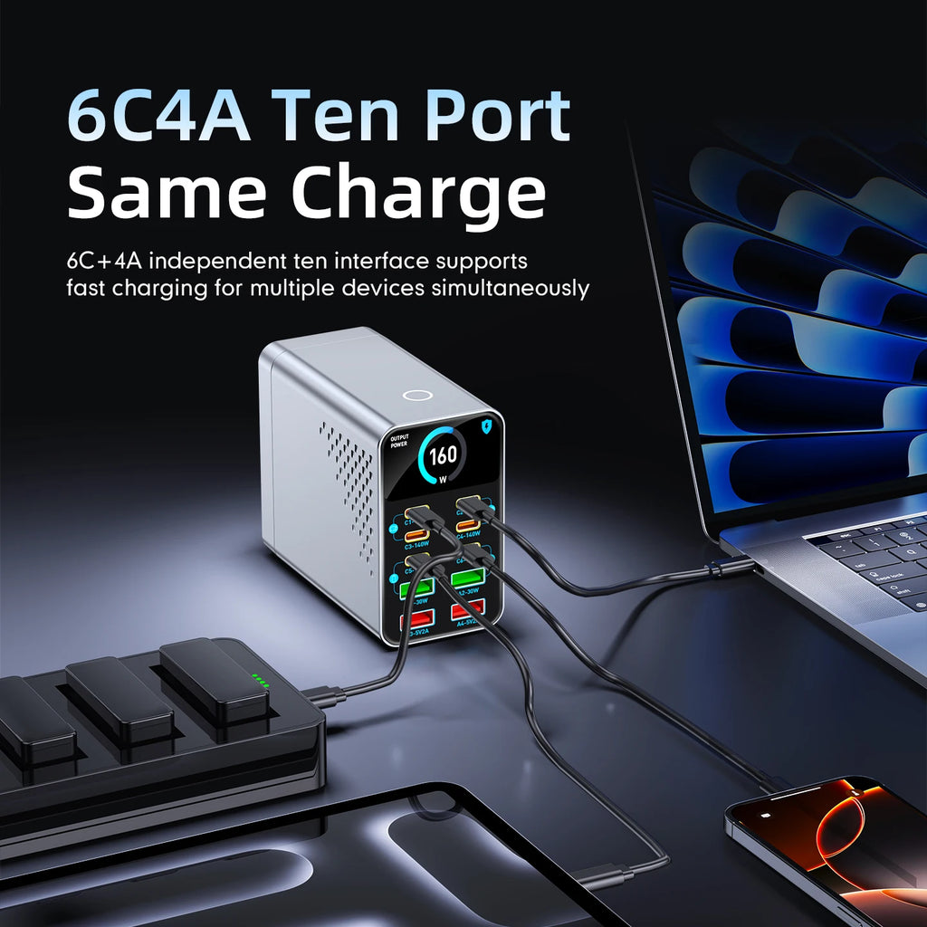 GaN Charger 10-IN-1 PD+QC Multi-port Charger USB Type C Digital Display Fast Charging Station For Phones And Tablet Fast Charger