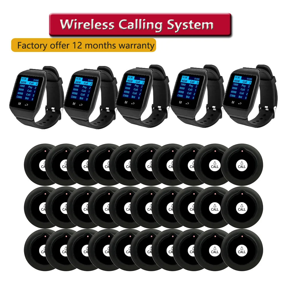 QWICALL 30 Call Button Transmitter 5 Waiter Watch Pager Receiver Wireless Restaurant Hotel Bar Service Guest Calling System