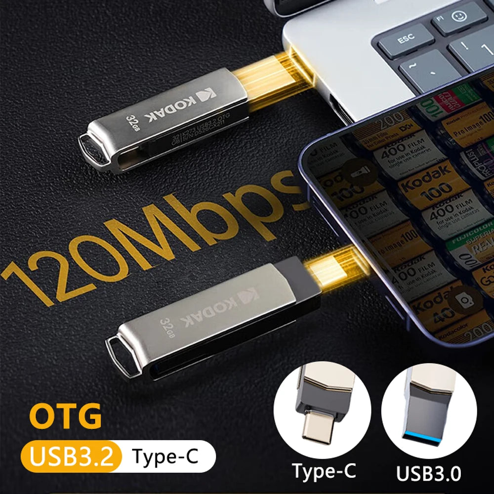 Kodak K273 Double Nip USB Flash Drive 64GB 128GB High Speed USB3.2 Pen Drive Memory Stick Pendrive Metal OTG Stick 100% Original