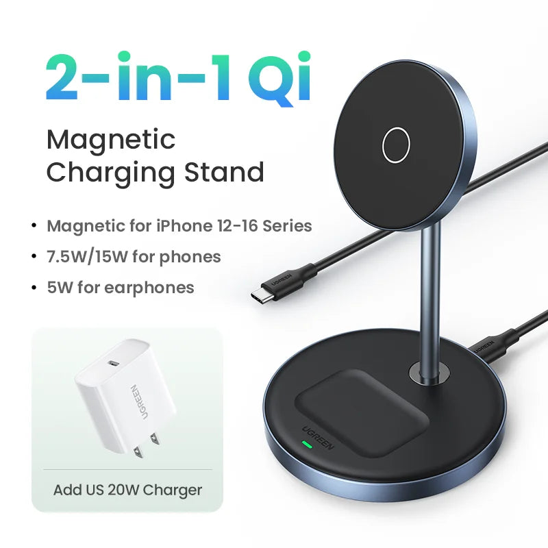 UGREEN Magnetic Wireless Charger Stand 7.5W 2-in-1 Charging Stand For iPhone 16 17 Pro Max/iPhone 14/AirPods Fast Charger