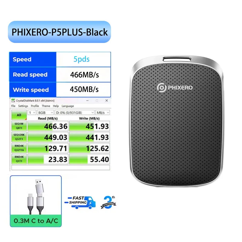 PHIXERO 1TB External SSD 128GB 256GB 512GB 1TB Up to 550MB/S Portable Solid State Drive Storage PSSD 5Gbps For Tablets Laptops