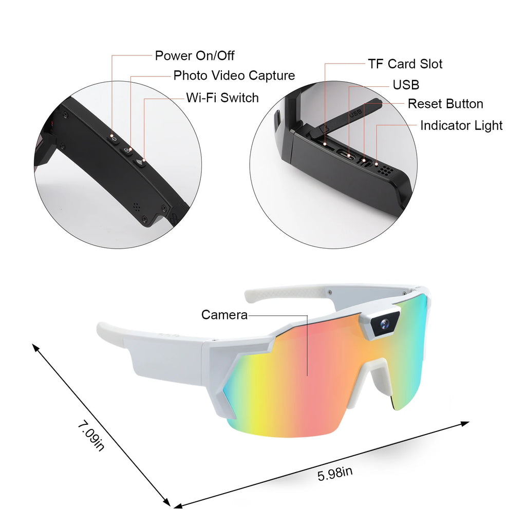 Smart Camera Sport Sunglasses & Anti-Glare Lens HD 1080P POV Video Recorder for Cycling Skiing Lightweight Comfortable Goggles